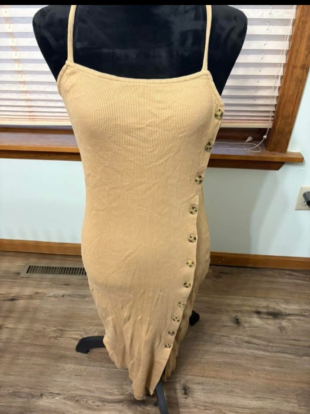 French Connection Beige Ribbed Spaghetti-Strap Midi Dress with Side Buttons